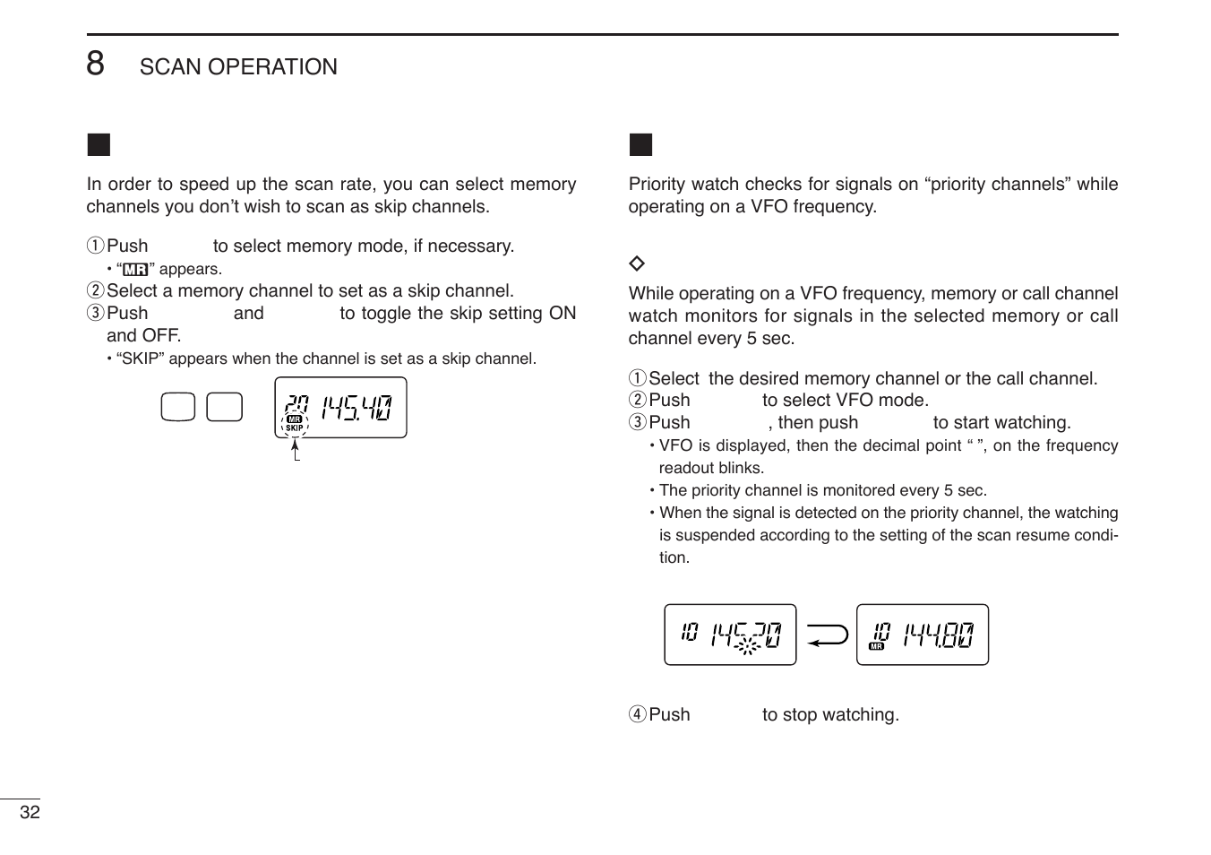 Skip channels, Priority watch | Icom IC-U82 User Manual | Page 44 / 96