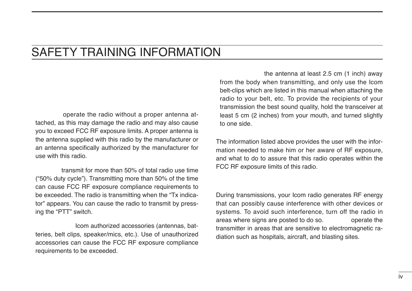 Safety training information, Caution, Electromagnetic interference/compatibility | Icom IC-U82 User Manual | Page 5 / 96