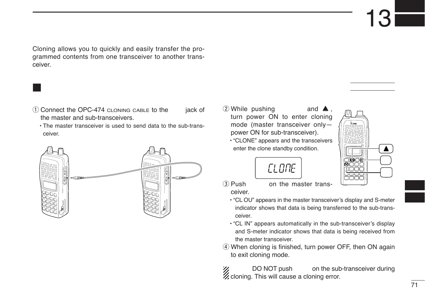 Cloning, Transceiver-to-transceiver cloning | Icom IC-U82 User Manual | Page 83 / 96