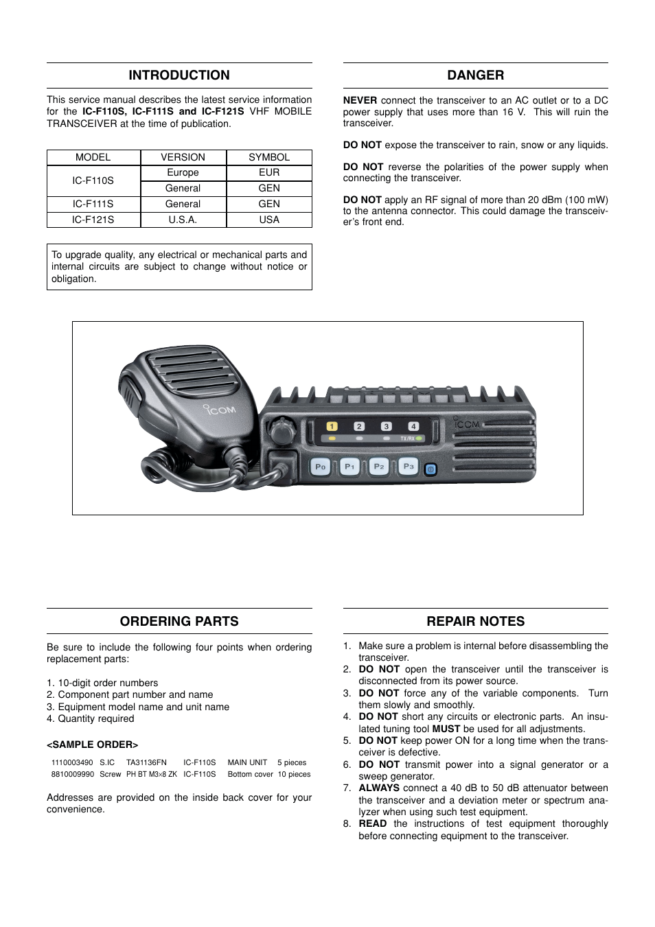 Introduction, Danger, Ordering parts | Icom IC F121S User Manual | Page 2 / 74