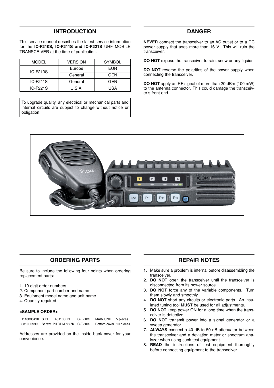Introduction, Danger, Ordering parts | Icom IC F121S User Manual | Page 39 / 74