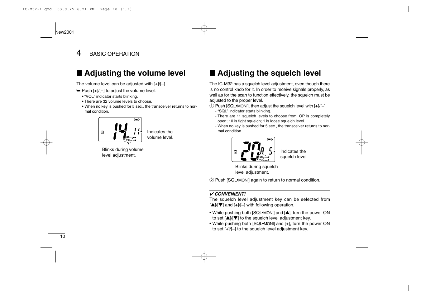 Adjusting the volume level, Adjusting the squelch level | Icom IC-M32 User Manual | Page 16 / 40