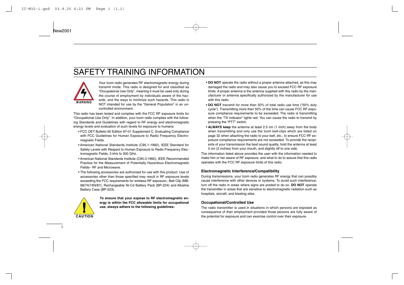 Safety training information | Icom IC-M32 User Manual | Page 2 / 40