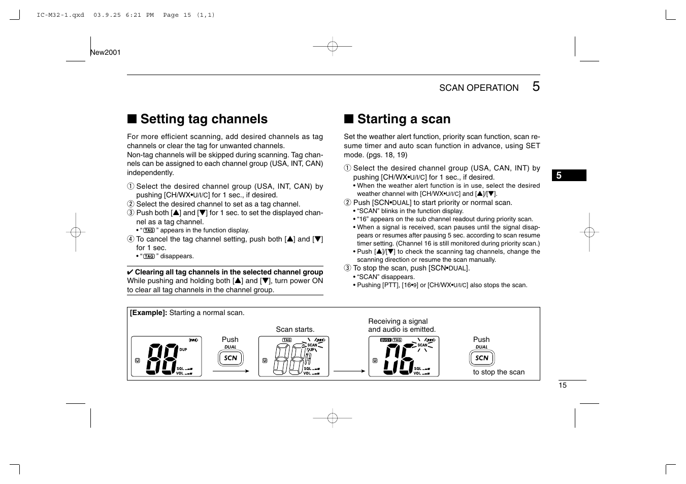 Setting tag channels, Starting a scan | Icom IC-M32 User Manual | Page 21 / 40