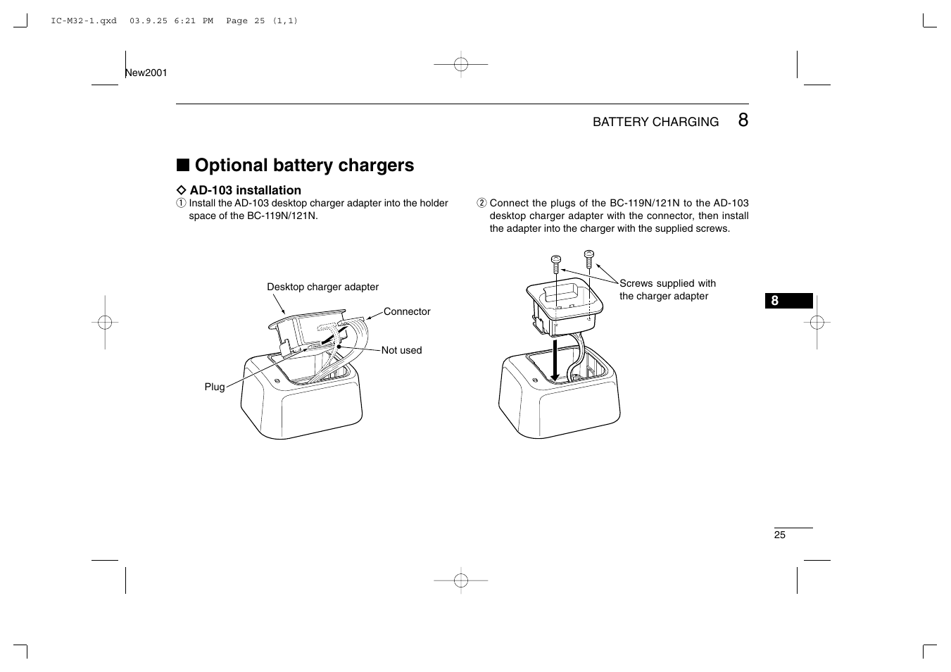 Optional battery chargers | Icom IC-M32 User Manual | Page 31 / 40