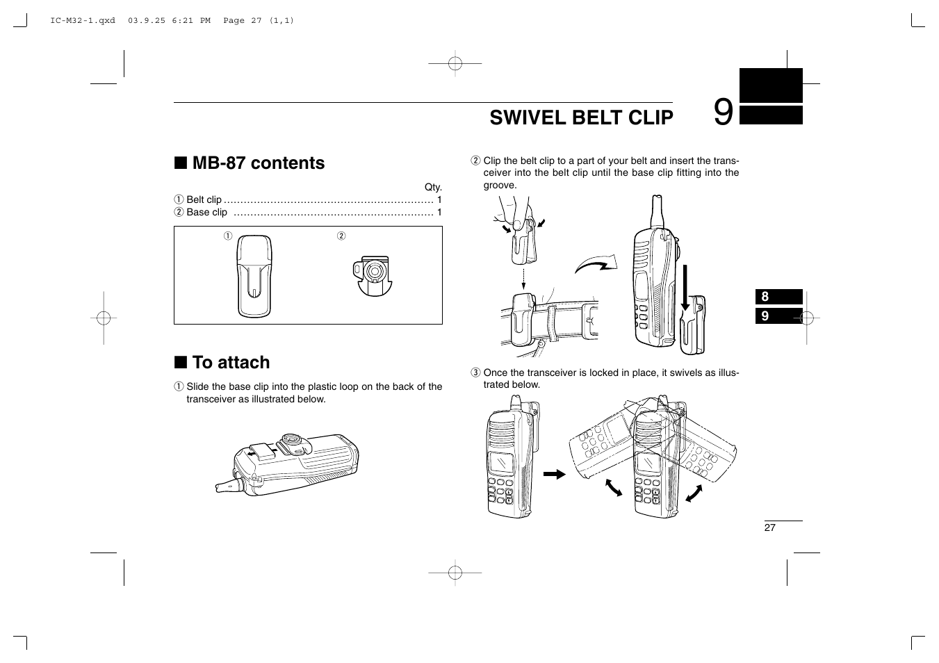 Swivel belt clip, Mb-87 contents | Icom IC-M32 User Manual | Page 33 / 40