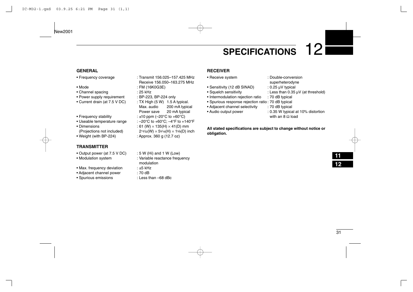 Specifications | Icom IC-M32 User Manual | Page 37 / 40