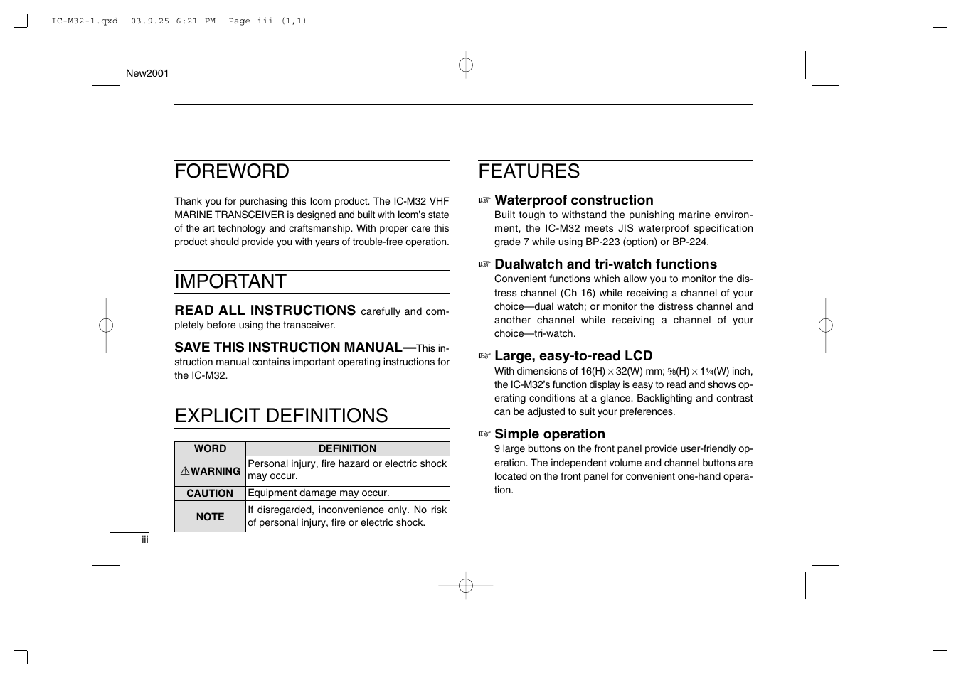 Foreword, Important, Explicit definitions features | Icom IC-M32 User Manual | Page 4 / 40