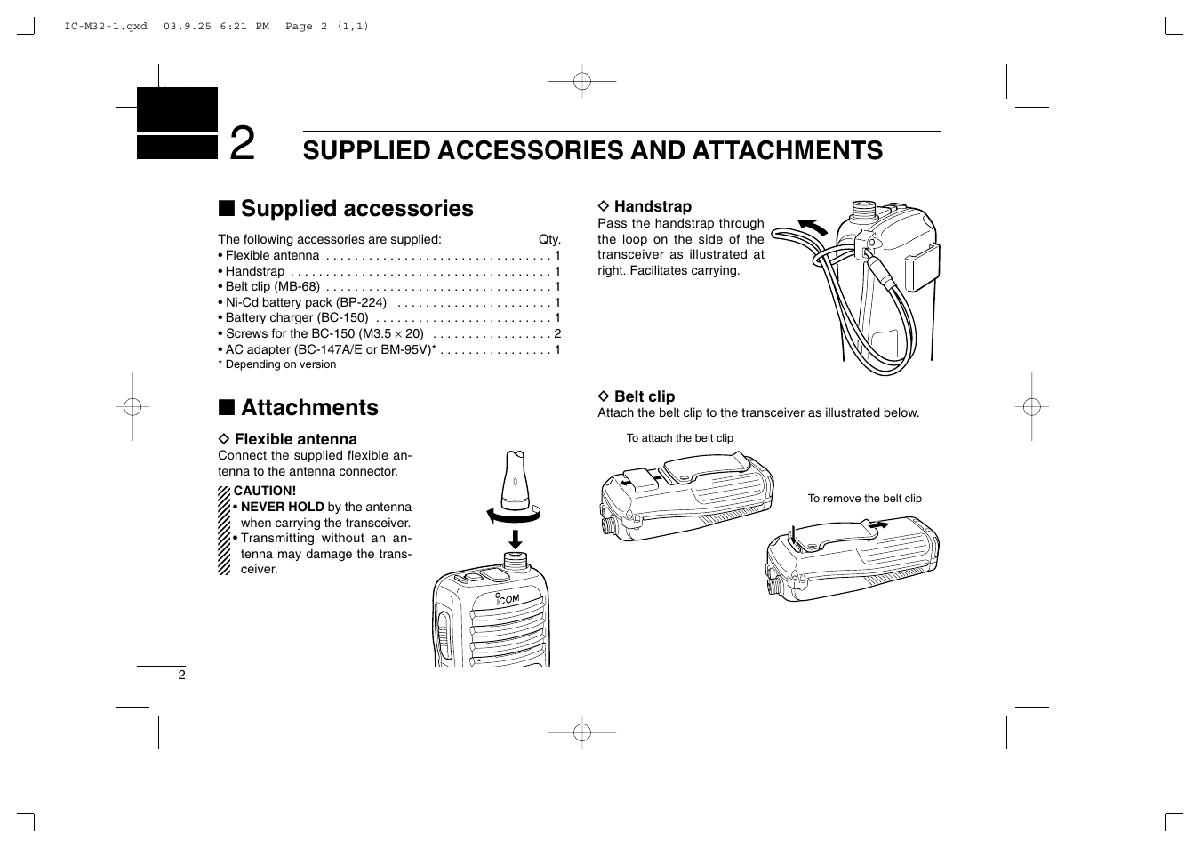 Supplied accessories and attachments, Supplied accessories, Attachments | Icom IC-M32 User Manual | Page 8 / 40