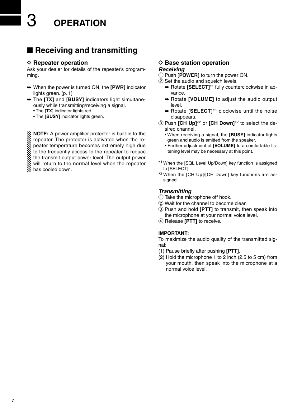3 operation, Receiving and transmitting, Repeater operation | Base station operation, Operation, D repeater operation, D base station operation, Nreceiving and transmitting | Icom UHF FM Repeater IC-FR6100 User Manual | Page 10 / 16