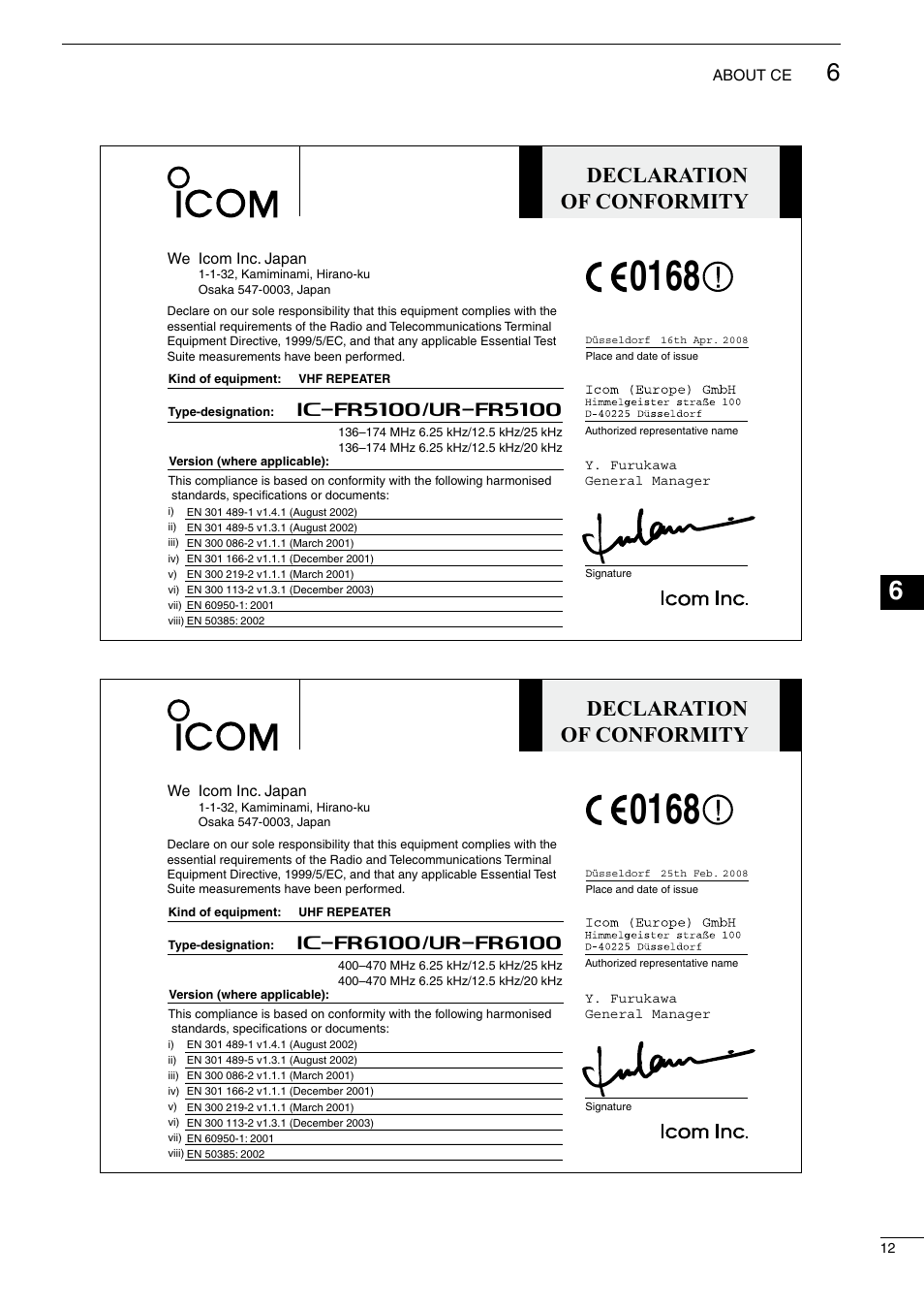 Declaration of conformity | Icom UHF FM Repeater IC-FR6100 User Manual | Page 15 / 16