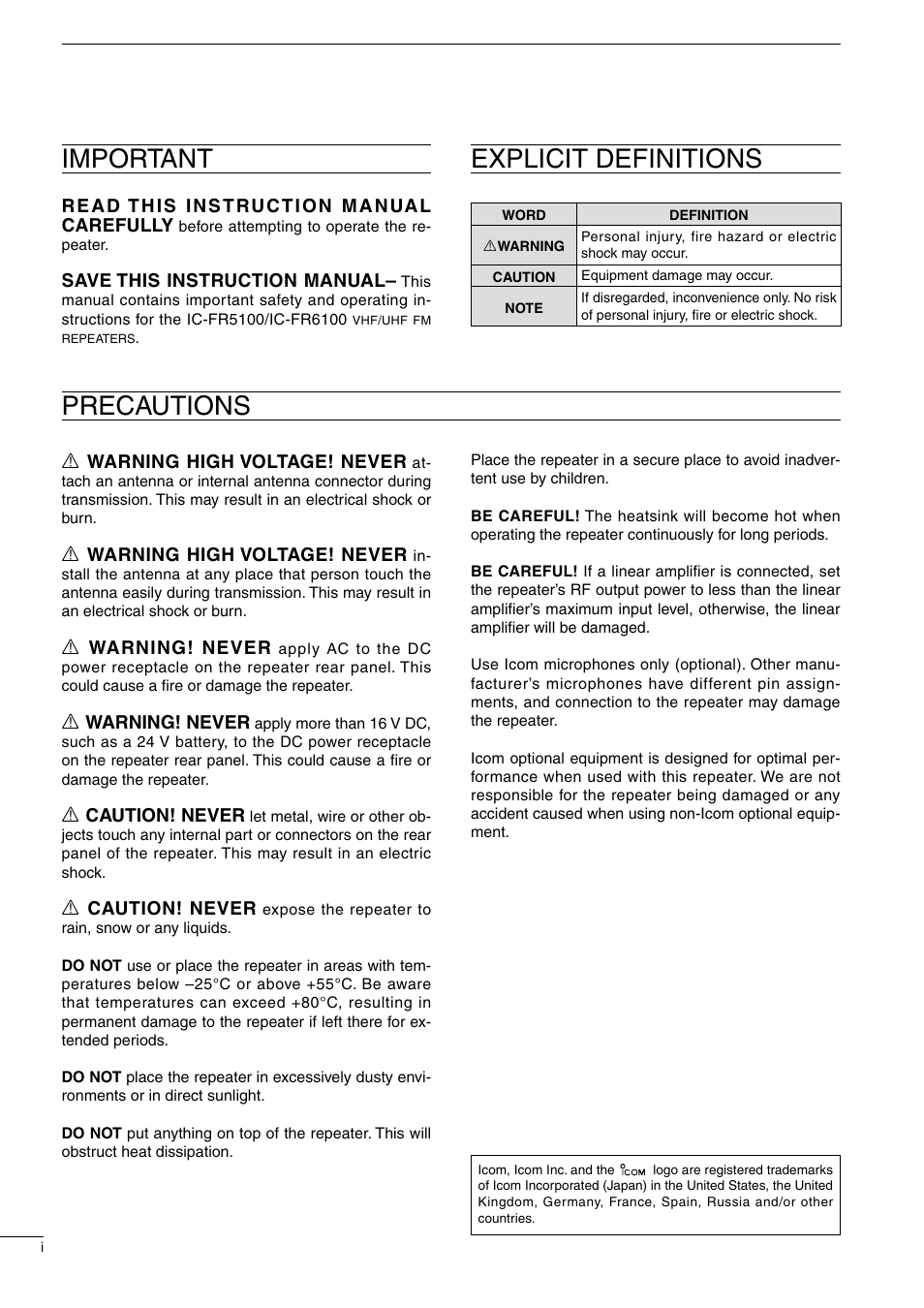 Important, Explicit definitions, Precautions | Icom UHF FM Repeater IC-FR6100 User Manual | Page 2 / 16