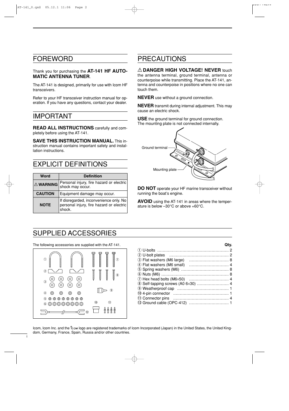 Foreword, Important, Explicit definitions precautions | Supplied accessories | Icom AT-141 User Manual | Page 2 / 11