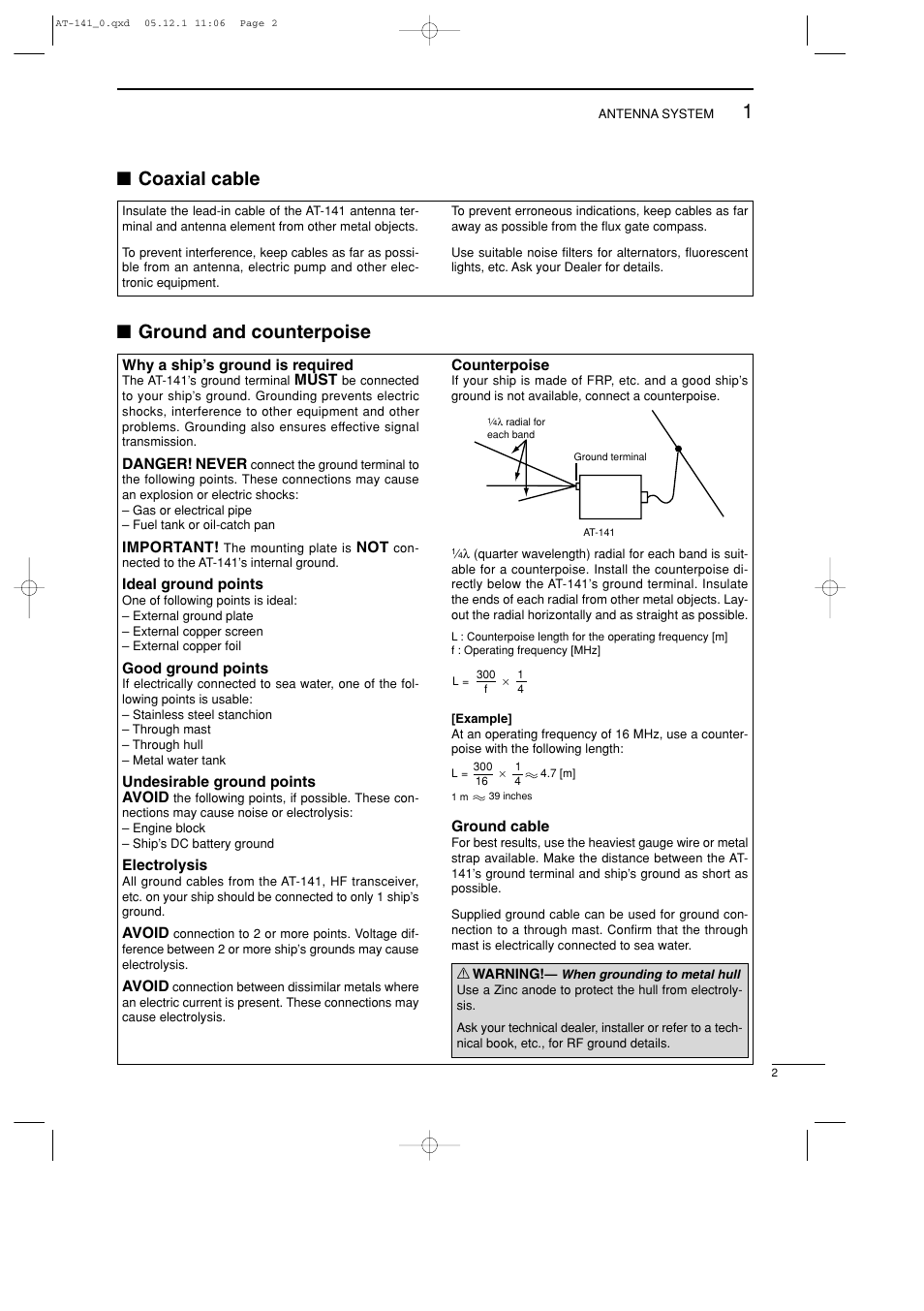 Coaxial cable, Ground and counterpoise | Icom AT-141 User Manual | Page 5 / 11