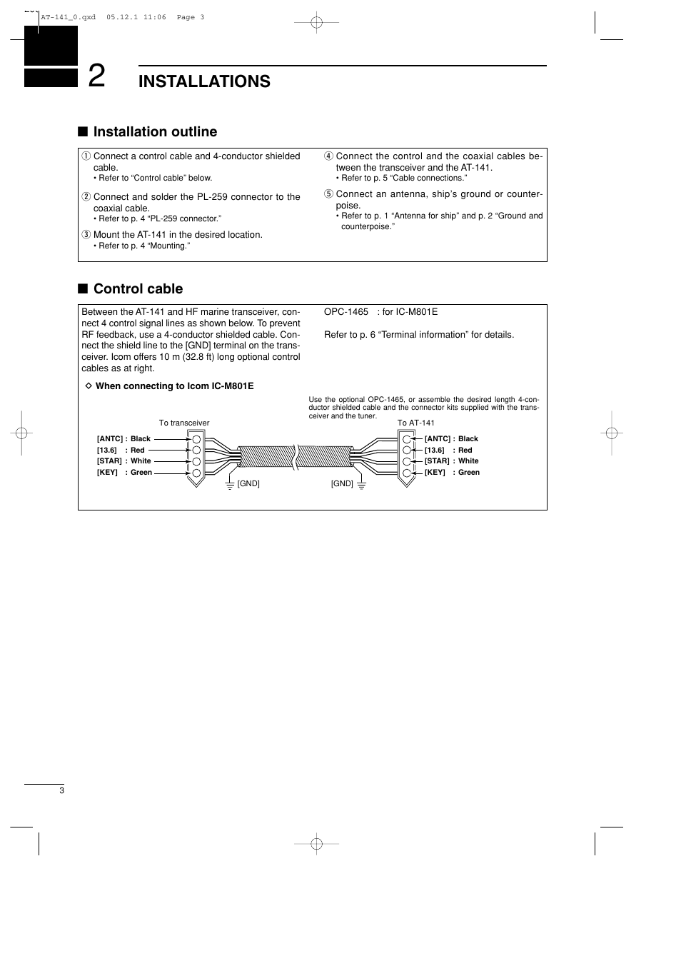 Installations, Installation outline, Control cable | Icom AT-141 User Manual | Page 6 / 11