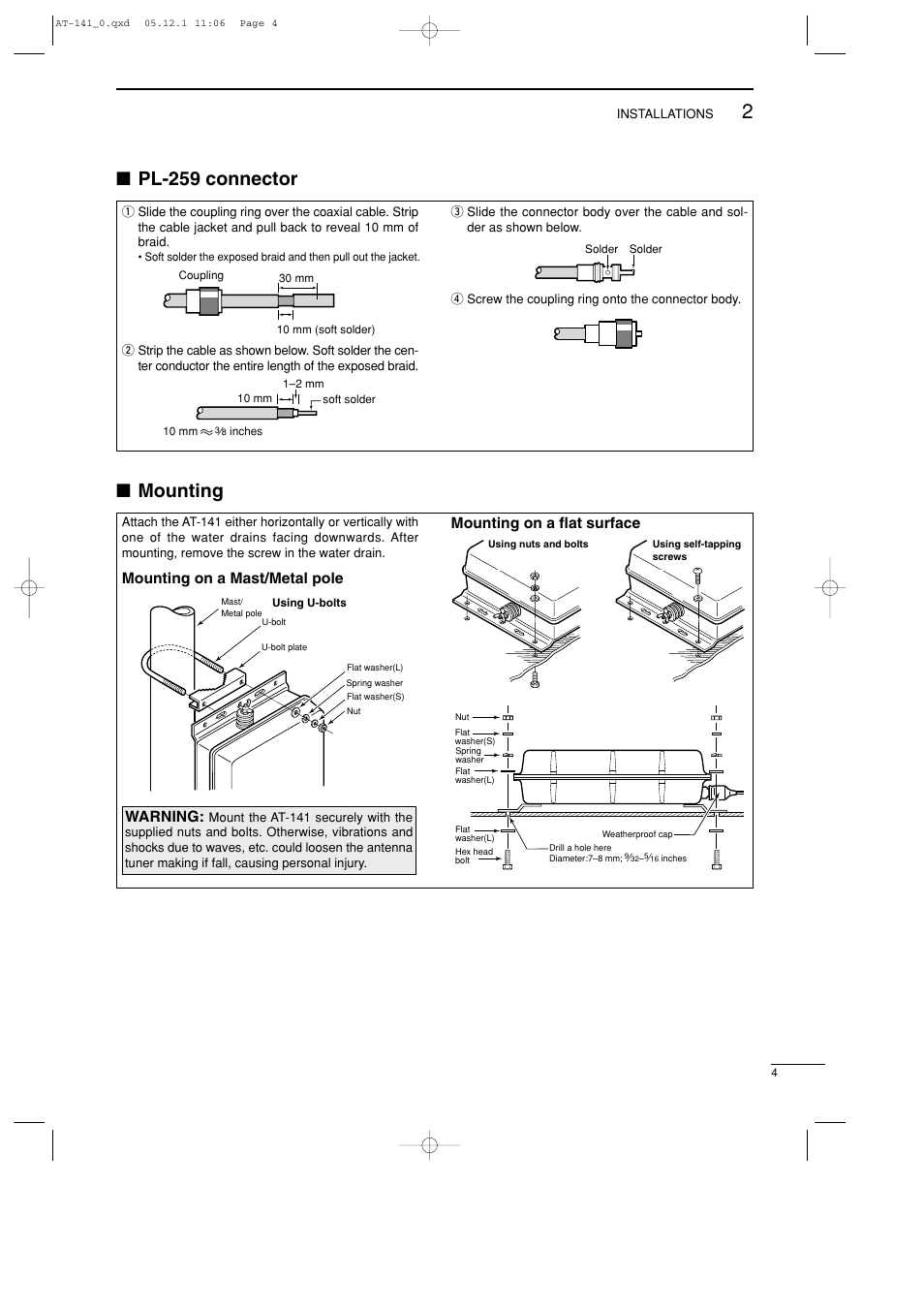 Pl-259 connector, Mounting, Warning | Icom AT-141 User Manual | Page 7 / 11