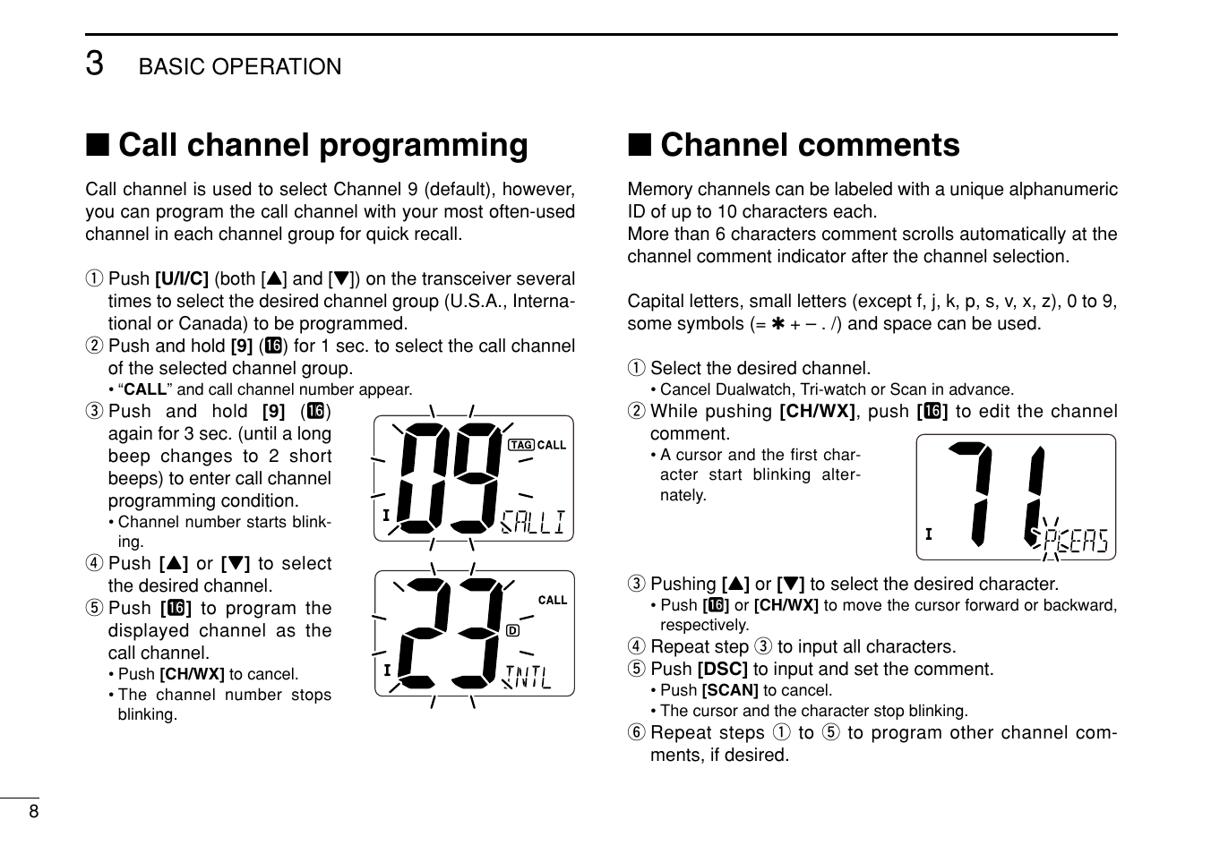 Call channel programming, Channel comments | Icom iM304 User Manual | Page 14 / 48