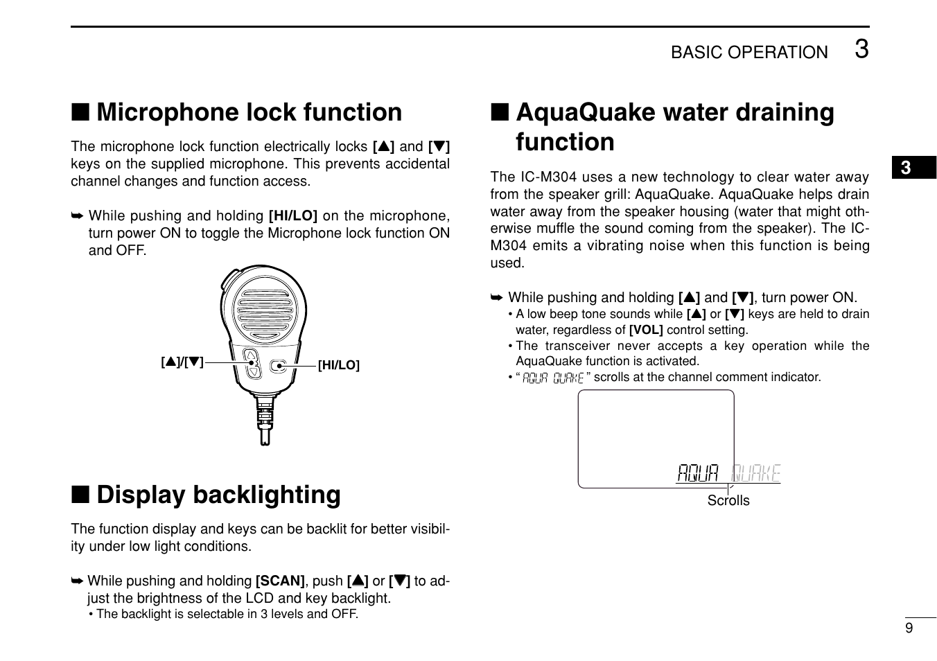 Microphone lock function, Display backlighting, Aquaquake water draining function | Icom iM304 User Manual | Page 15 / 48