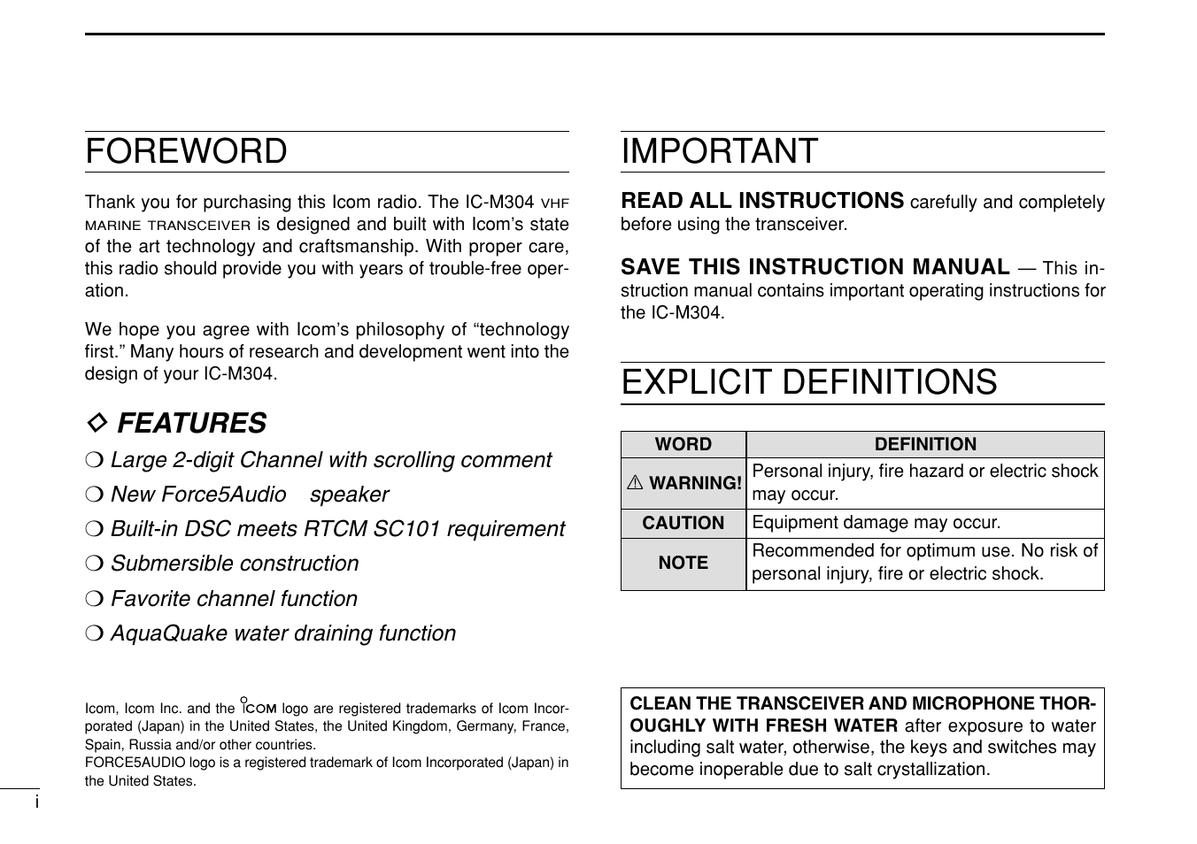 Foreword, Important, Explicit definitions | D features | Icom iM304 User Manual | Page 2 / 48