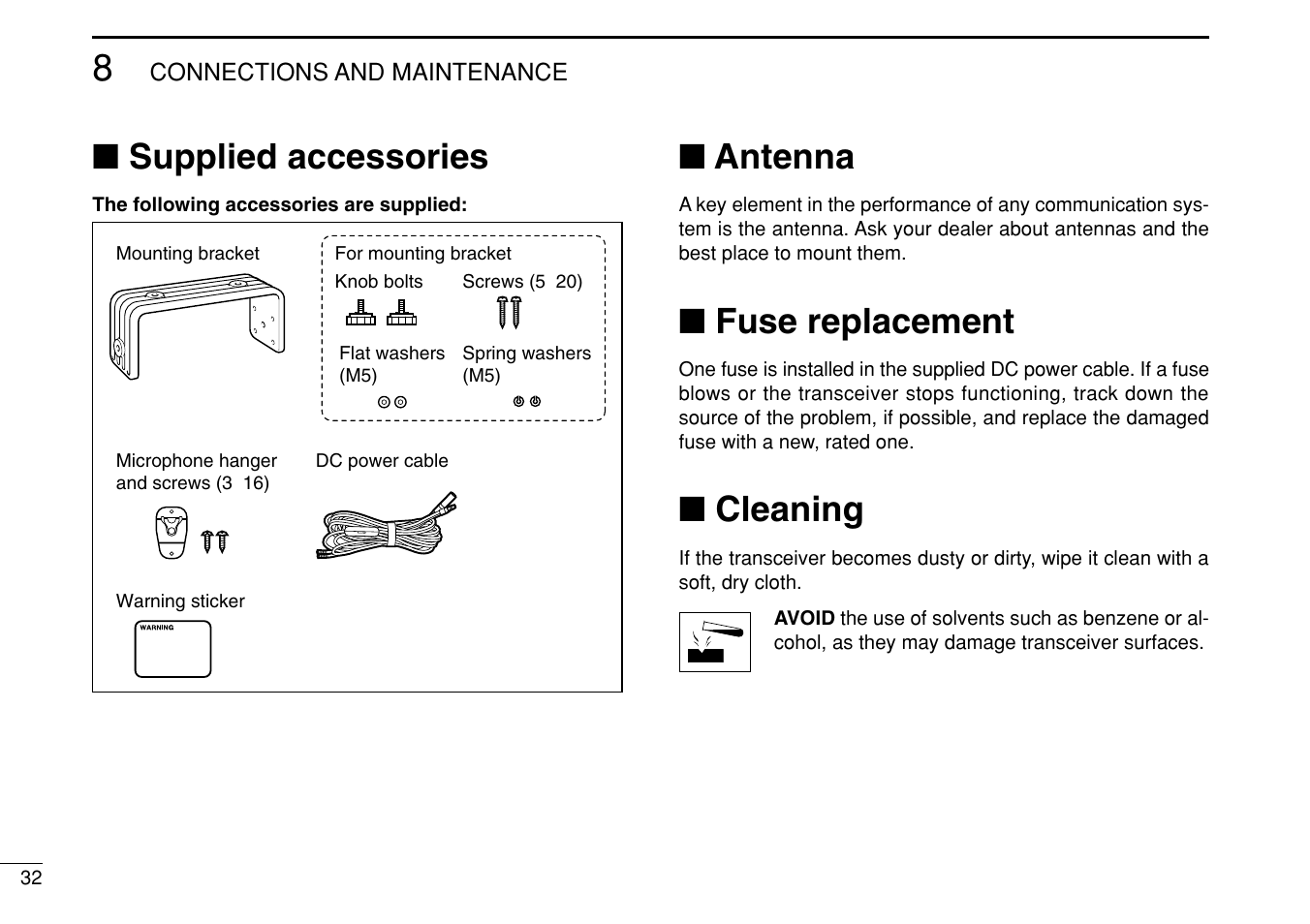 Supplied accessories, Antenna, Fuse replacement | Cleaning | Icom iM304 User Manual | Page 38 / 48