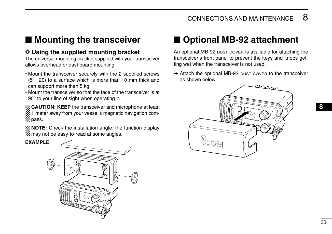 Mounting the transceiver, Optional mb-92 attachment | Icom iM304 User Manual | Page 39 / 48