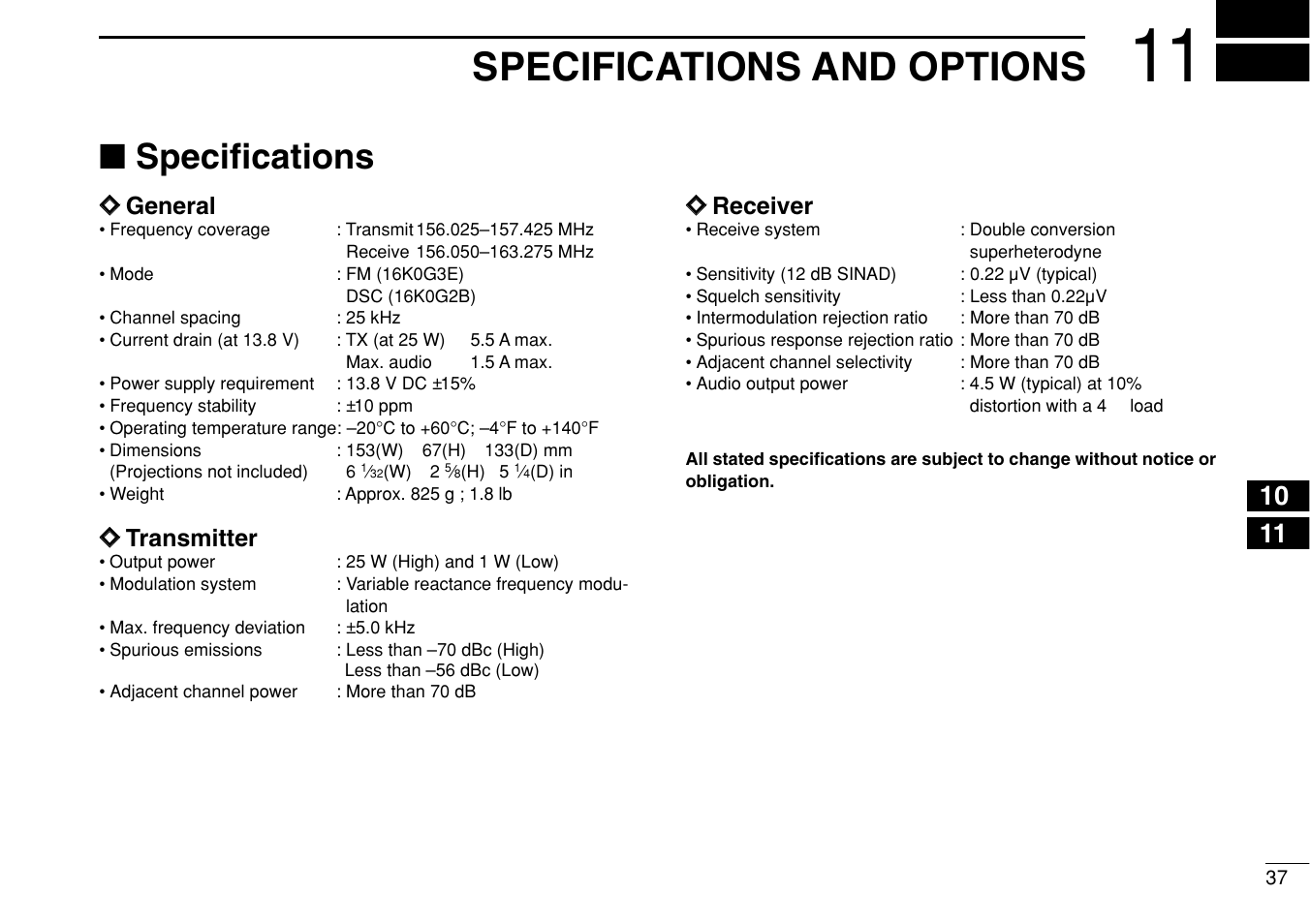 Specifications and options, Specifications, Пп general | Пп transmitter, Пп receiver | Icom iM304 User Manual | Page 43 / 48