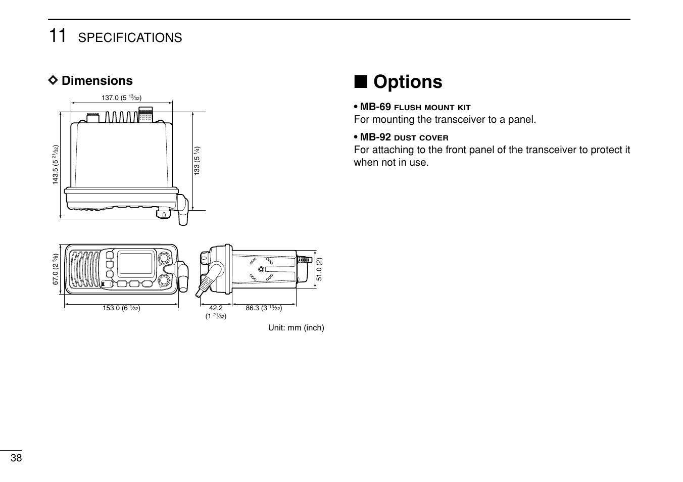 Options, Specifications d d dimensions, Mb-69 | For mounting the transceiver to a panel. • mb-92 | Icom iM304 User Manual | Page 44 / 48