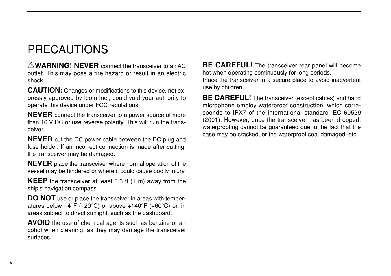 Precautions | Icom iM304 User Manual | Page 6 / 48
