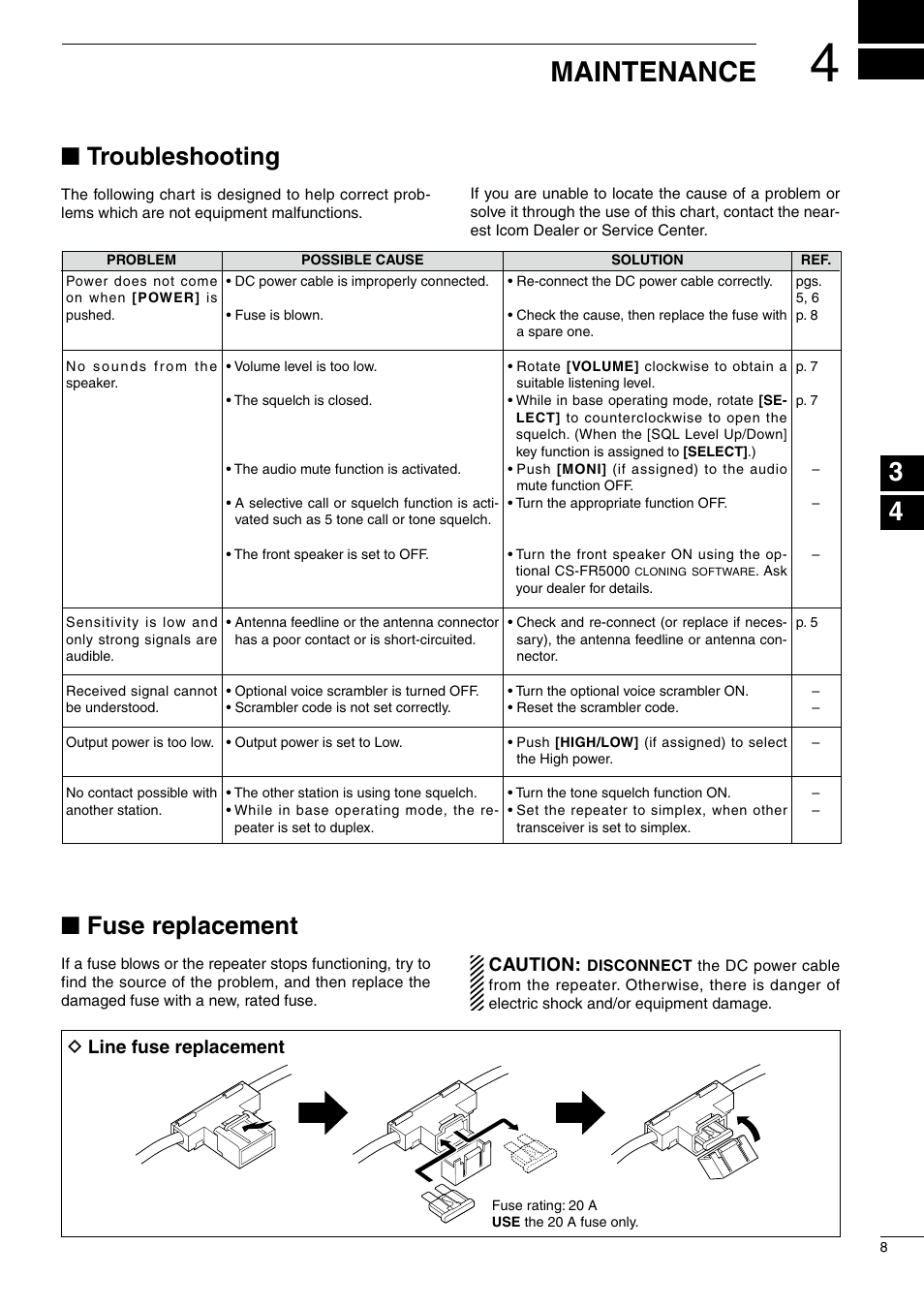 4 maintenance, Troubleshooting, Fuse replacement | Maintenance, D line fuse replacement, Ntroubleshooting, Nfuse replacement | Icom UHF FM Repeater iFR6100 User Manual | Page 11 / 16