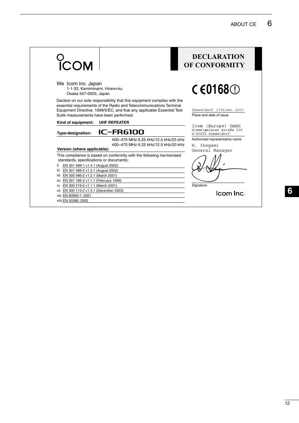 Declaration of conformity | Icom UHF FM Repeater iFR6100 User Manual | Page 15 / 16
