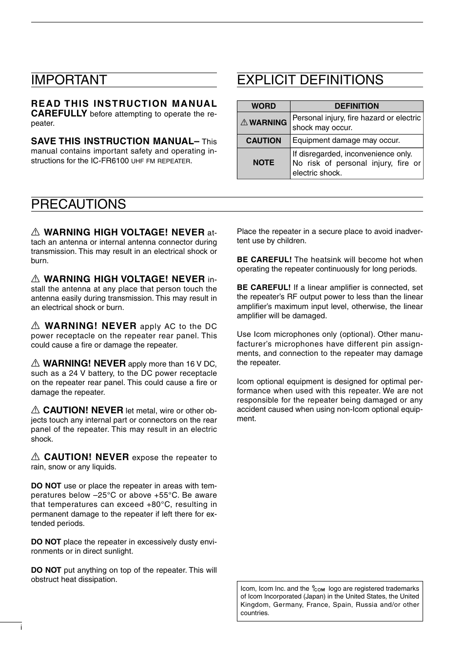 Important, Explicit definitions, Precautions | Icom UHF FM Repeater iFR6100 User Manual | Page 2 / 16