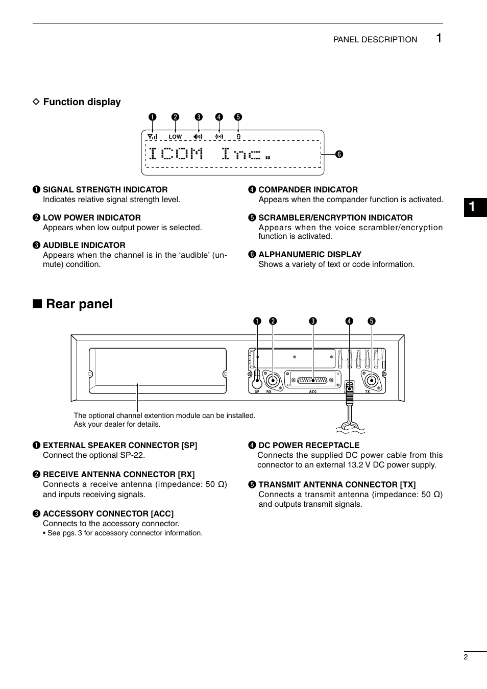 Rear panel, D function display, Nrear panel | Icom UHF FM Repeater iFR6100 User Manual | Page 5 / 16