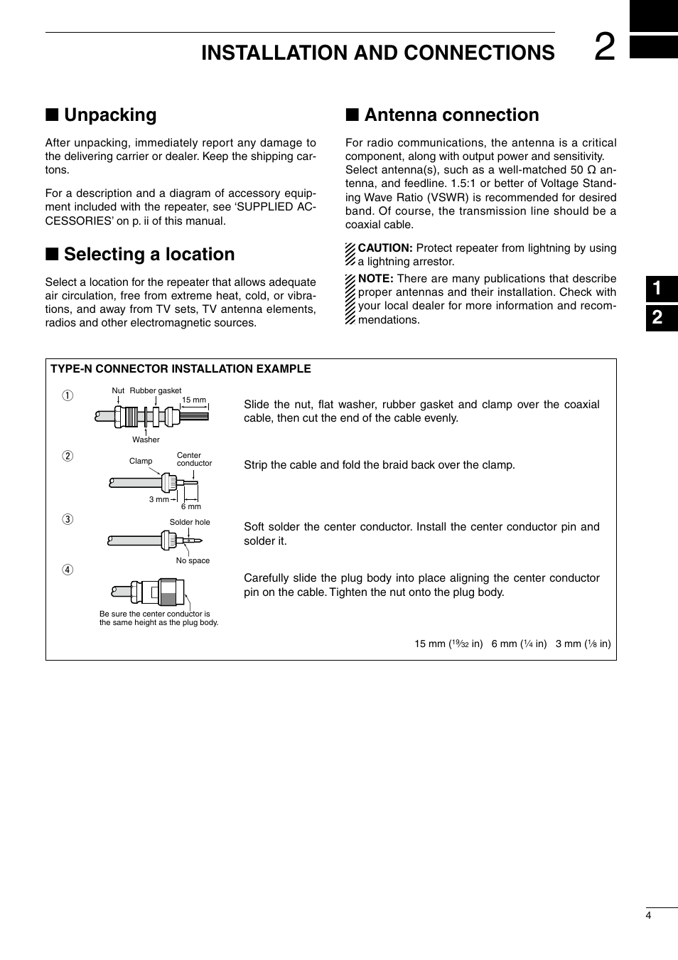 2 installation and connections, Unpacking, Selecting a location | Antenna connection, Installation and connections, Nunpacking, Nselecting a location, Nantenna connection | Icom UHF FM Repeater iFR6100 User Manual | Page 7 / 16