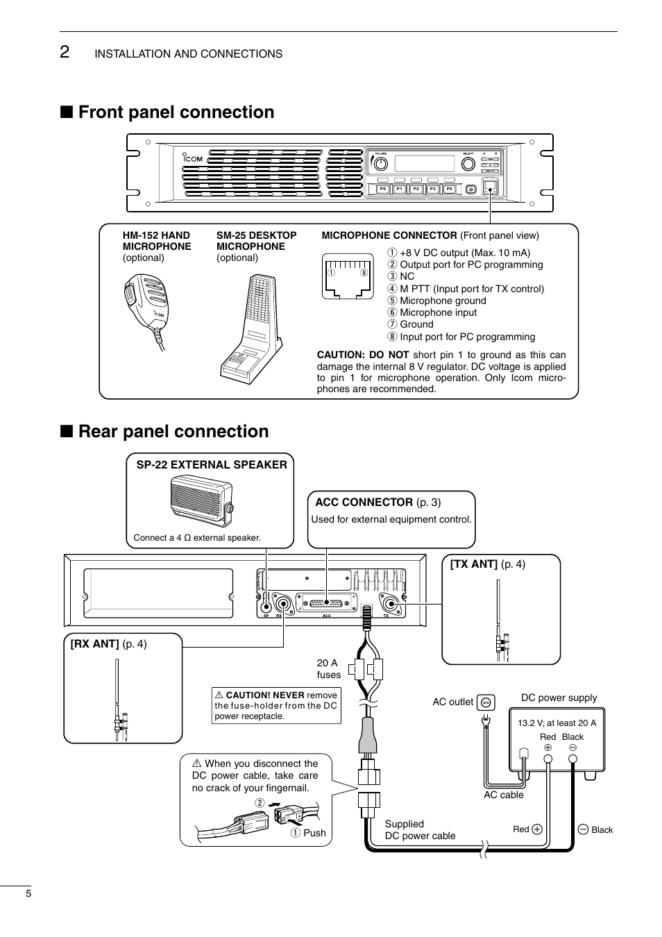 Front panel connection, Rear panel connection, Nfront panel connection | Nrear panel connection | Icom UHF FM Repeater iFR6100 User Manual | Page 8 / 16