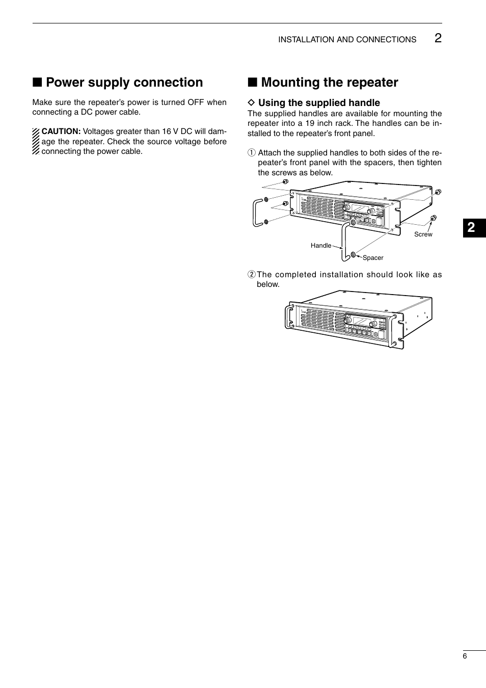 Power supply connection, Mounting the repeater, D using the supplied handle | Npower supply connection, Nmounting the repeater | Icom UHF FM Repeater iFR6100 User Manual | Page 9 / 16