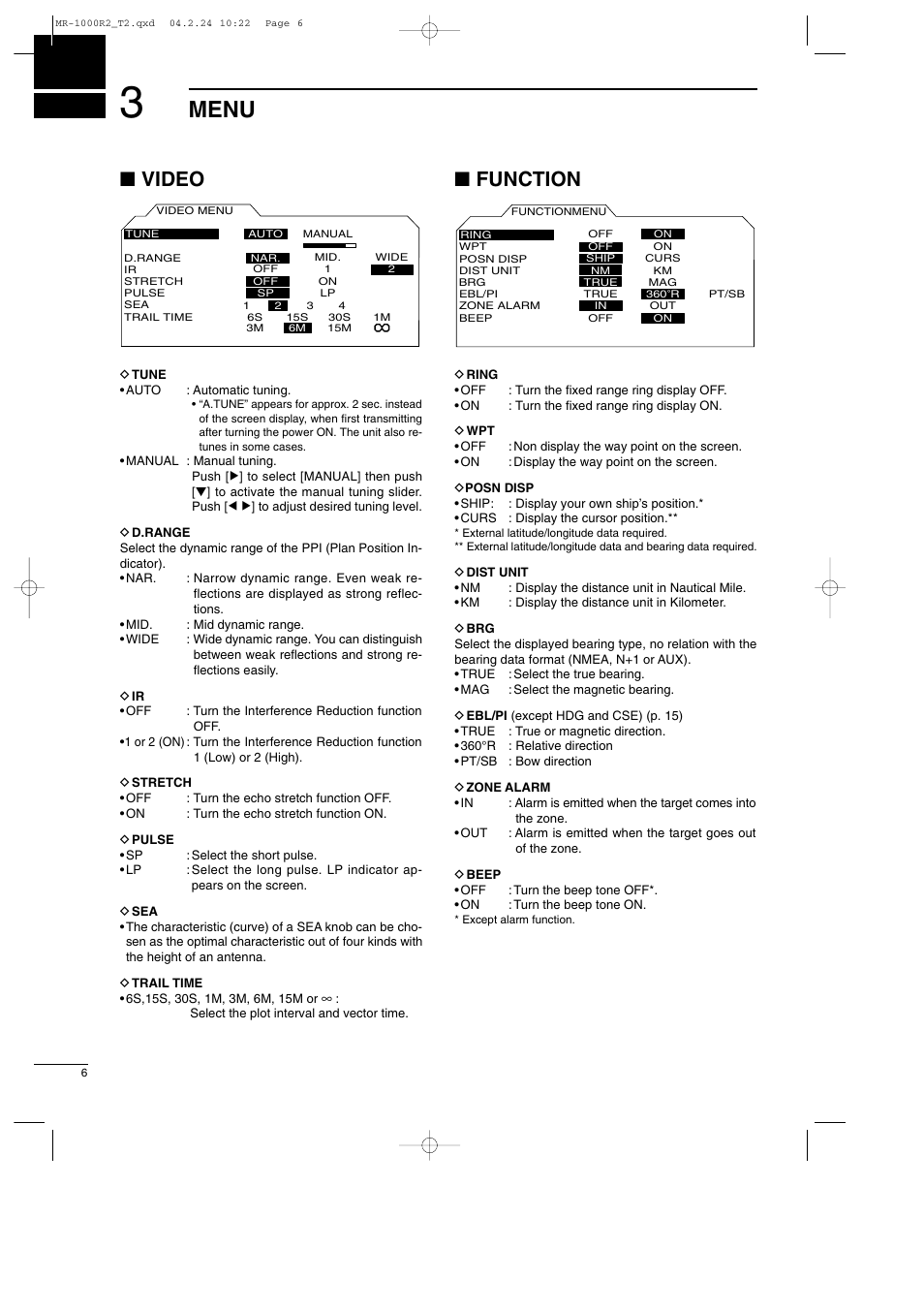 Menu, Video, Function | Icom MR-1000TTM User Manual | Page 10 / 47