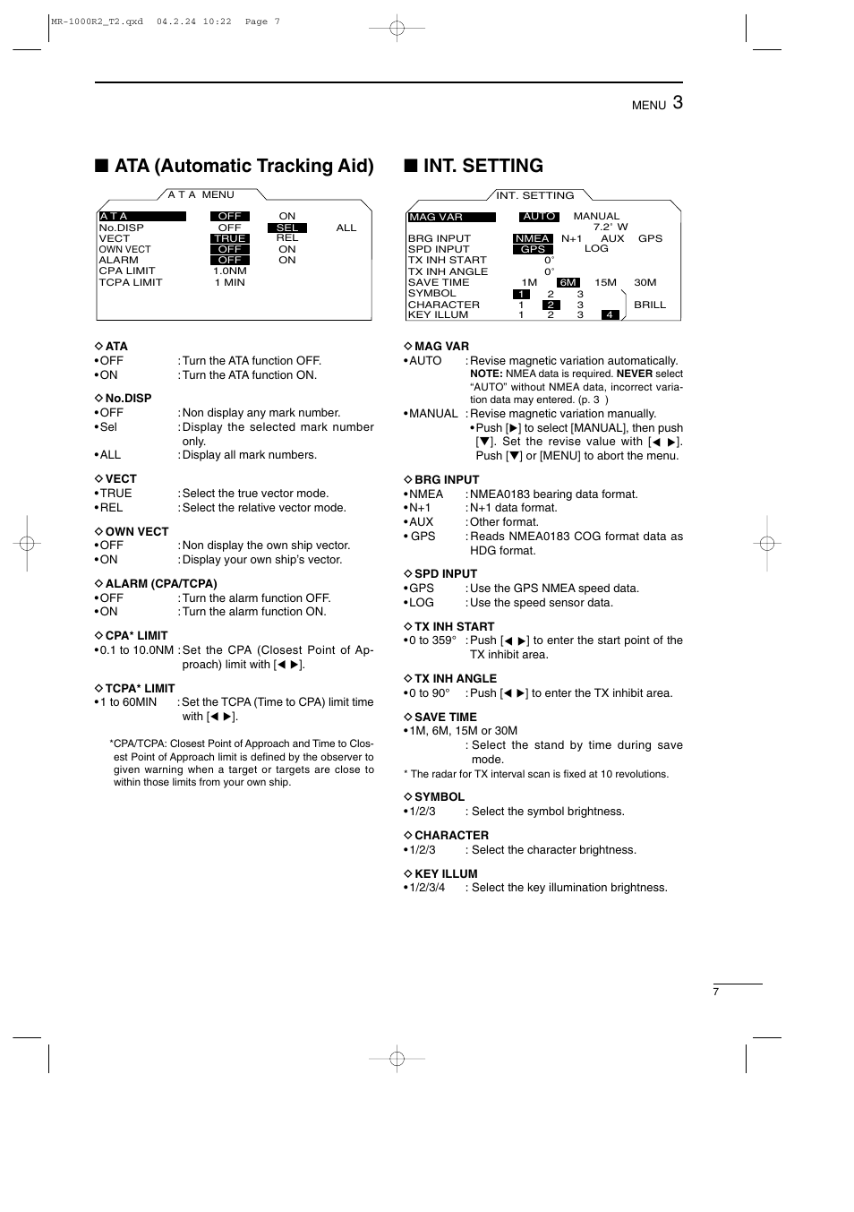 Ata (automatic tracking aid), Int. setting | Icom MR-1000TTM User Manual | Page 11 / 47