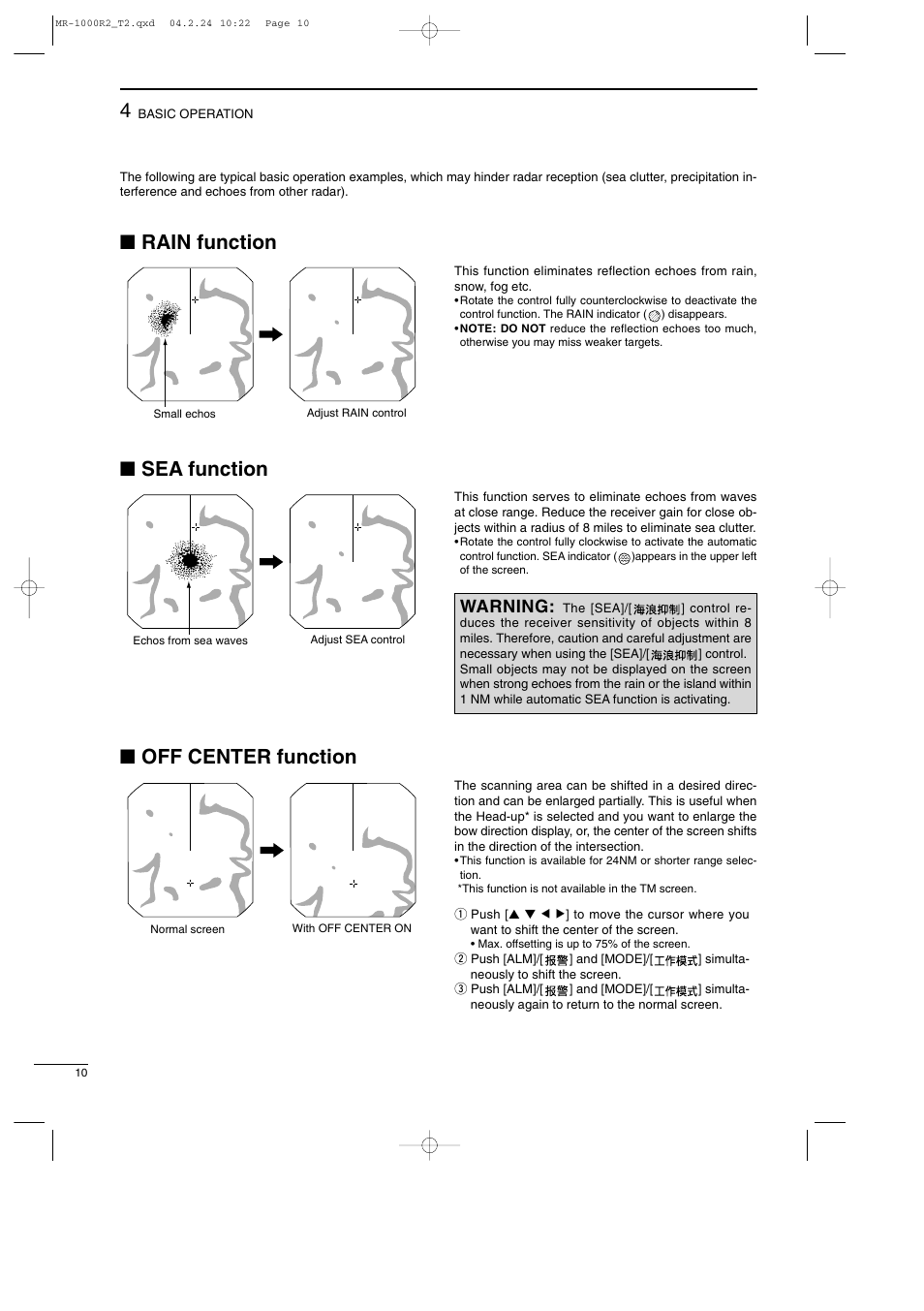 Rain function, Sea function, Off center function | Warning | Icom MR-1000TTM User Manual | Page 14 / 47