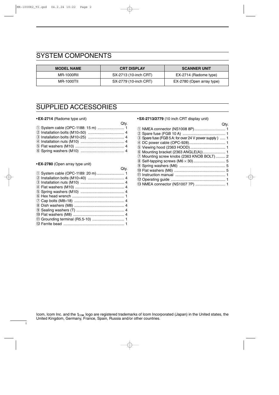 System components supplied accessories | Icom MR-1000TTM User Manual | Page 2 / 47