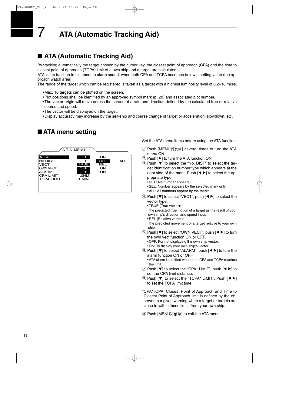 Ata (automatic tracking aid), Ata menu setting | Icom MR-1000TTM User Manual | Page 22 / 47