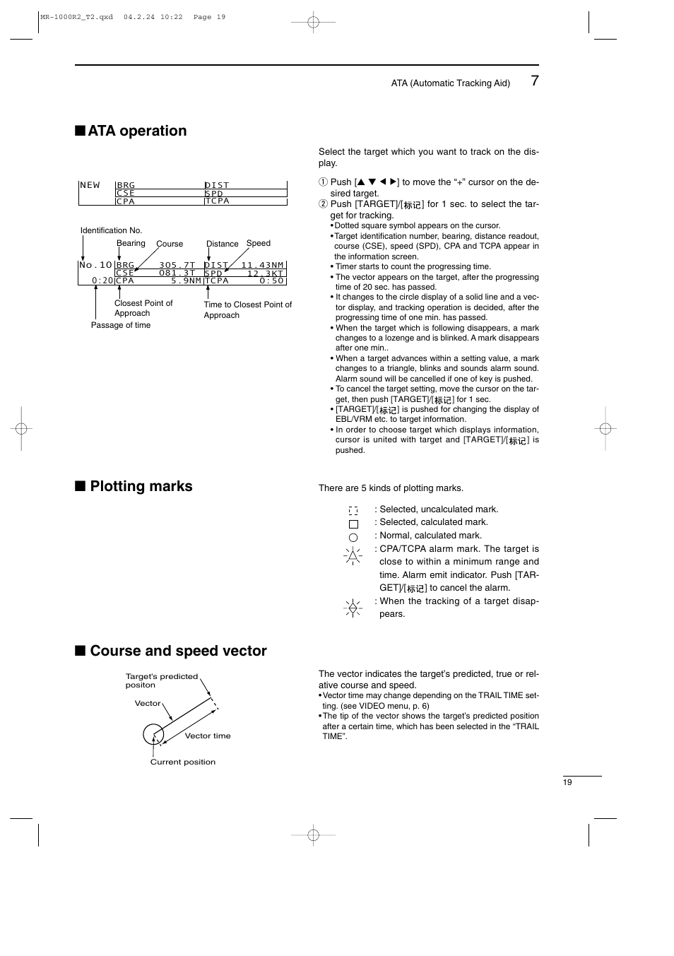 Ata operation, Plotting marks, Course and speed vector | Icom MR-1000TTM User Manual | Page 23 / 47