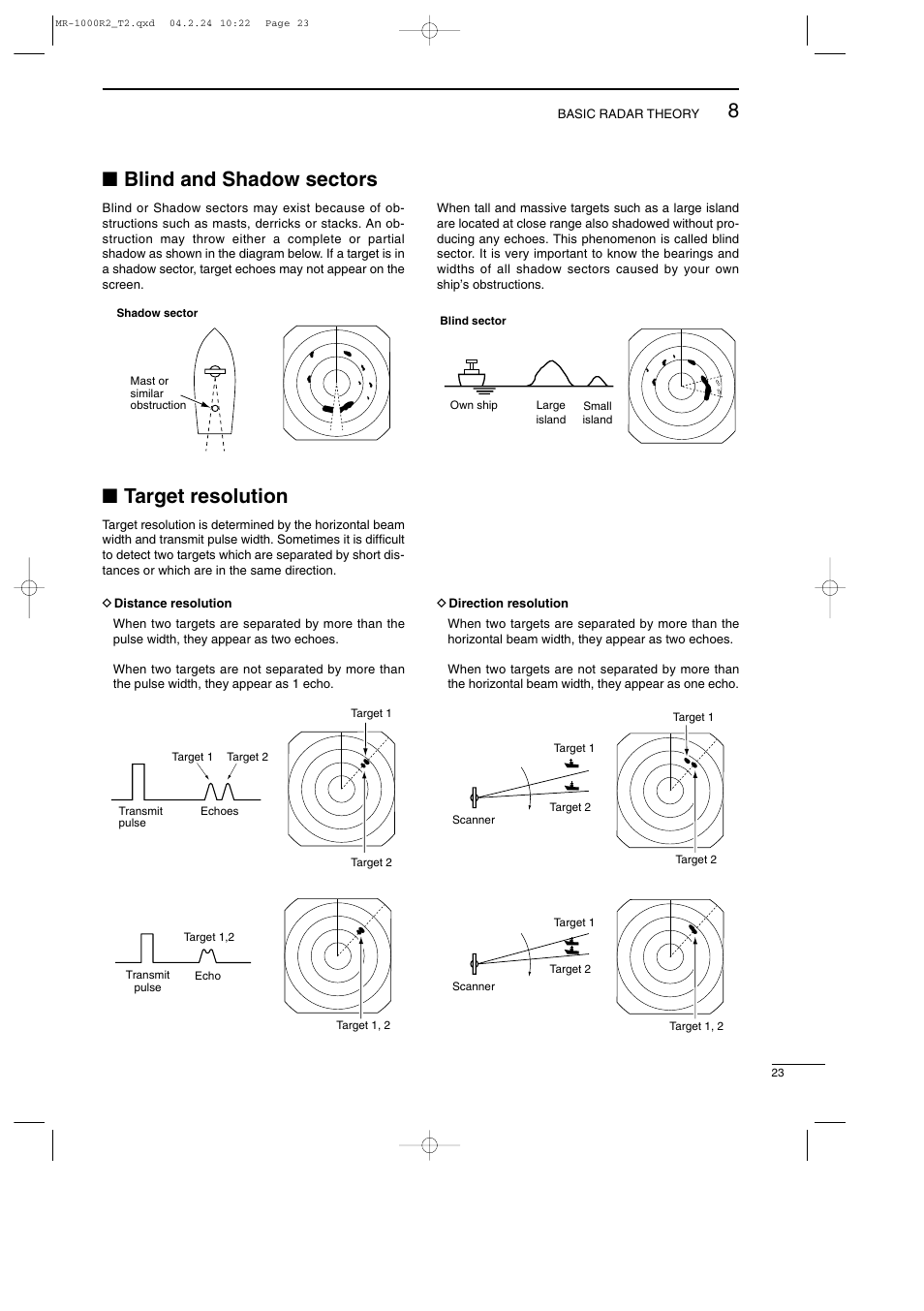 Blind and shadow sectors, Target resolution | Icom MR-1000TTM User Manual | Page 27 / 47