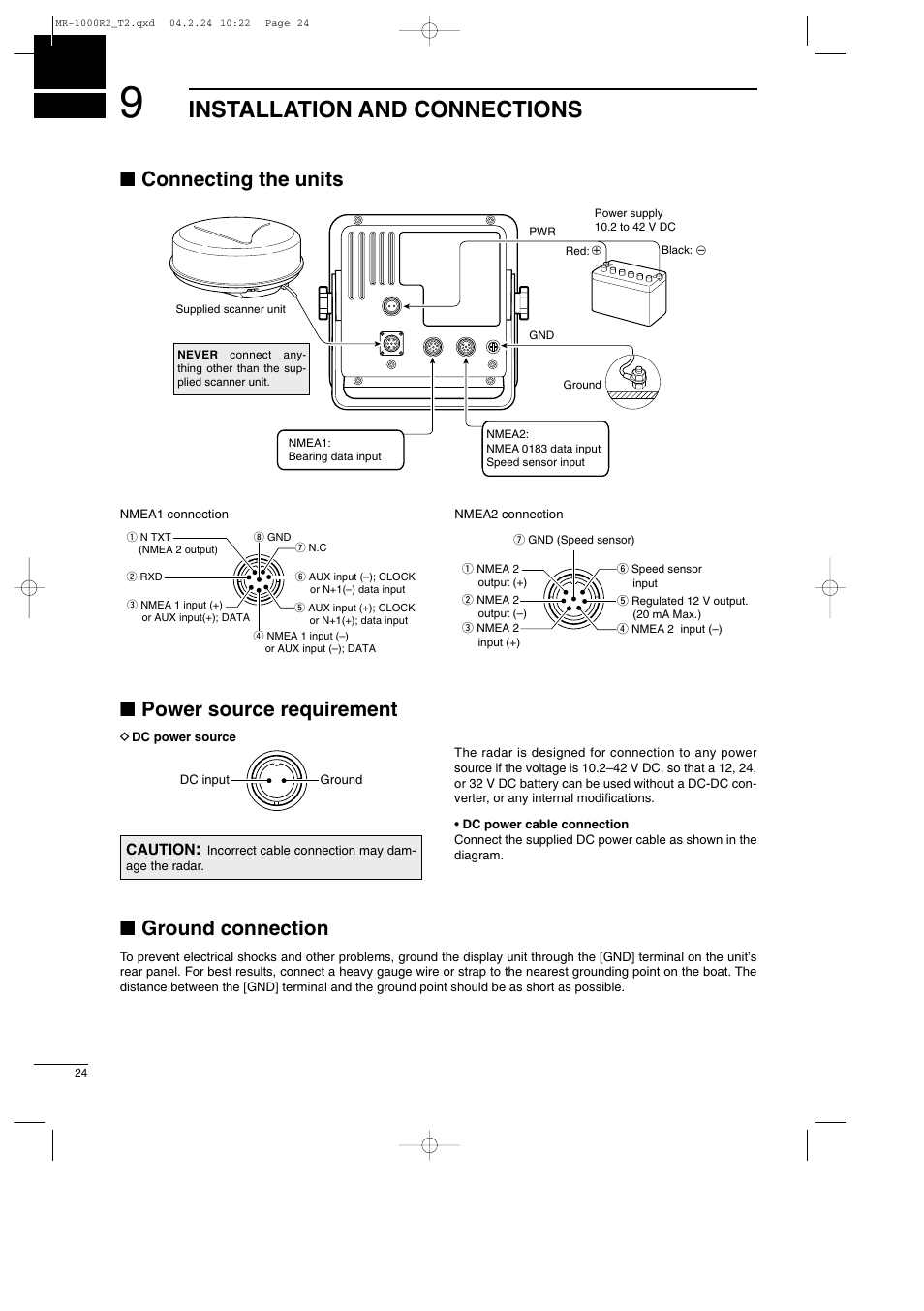 Installation and connections, Connecting the units, Power source requirement | Ground connection | Icom MR-1000TTM User Manual | Page 28 / 47