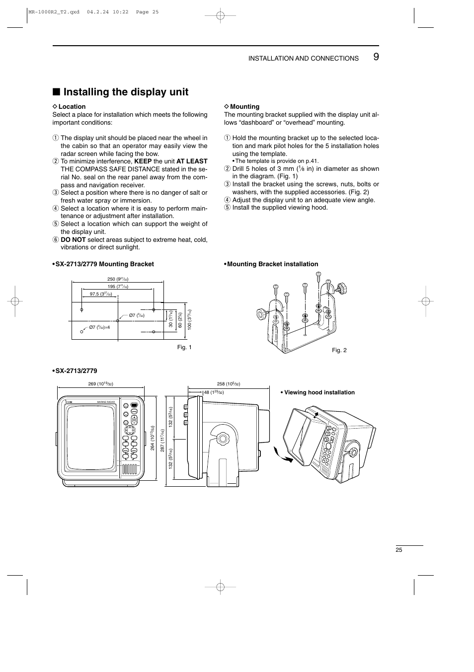 Installing the display unit, Installation and connections, W drill 5 holes of 3 mm | Icom MR-1000TTM User Manual | Page 29 / 47