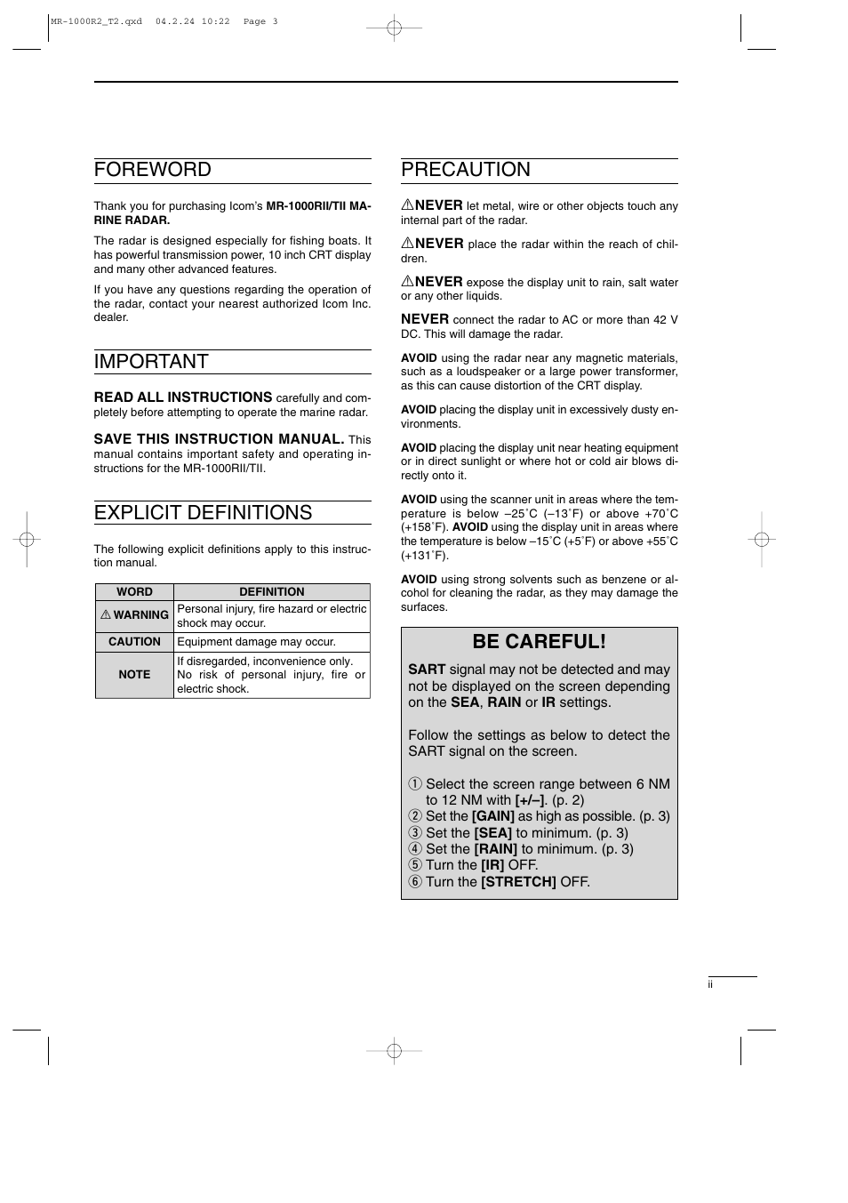 Foreword, Important, Explicit definitions | Precaution, Be careful | Icom MR-1000TTM User Manual | Page 3 / 47