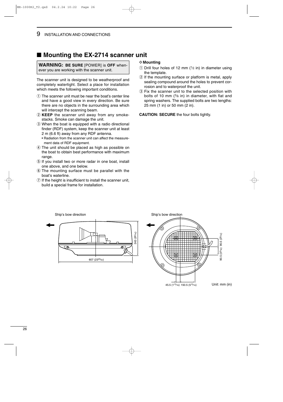 Mounting the ex-2714 scanner unit, Warning | Icom MR-1000TTM User Manual | Page 30 / 47