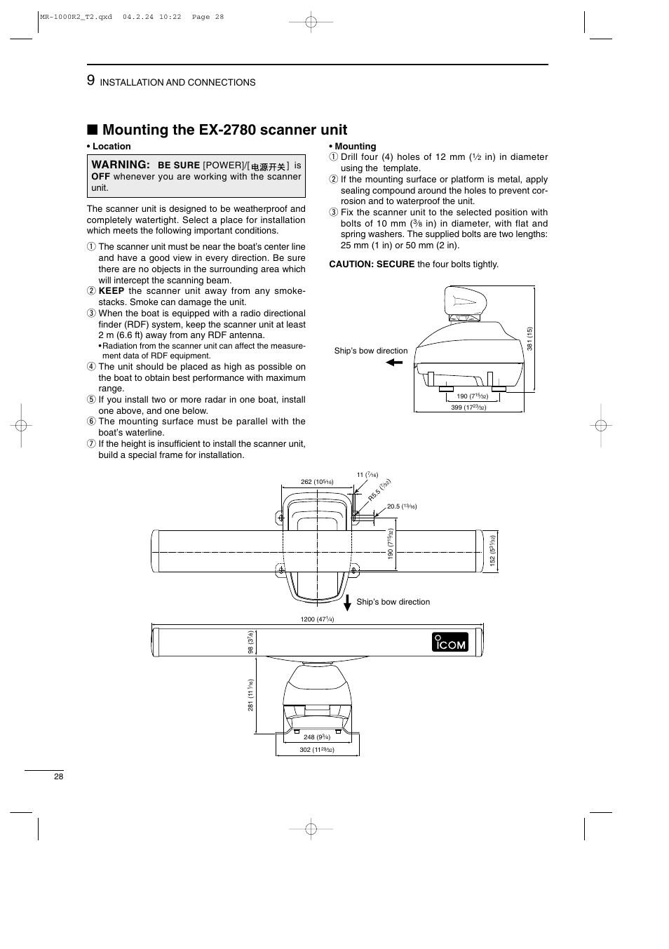Mounting the ex-2780 scanner unit, Warning | Icom MR-1000TTM User Manual | Page 32 / 47