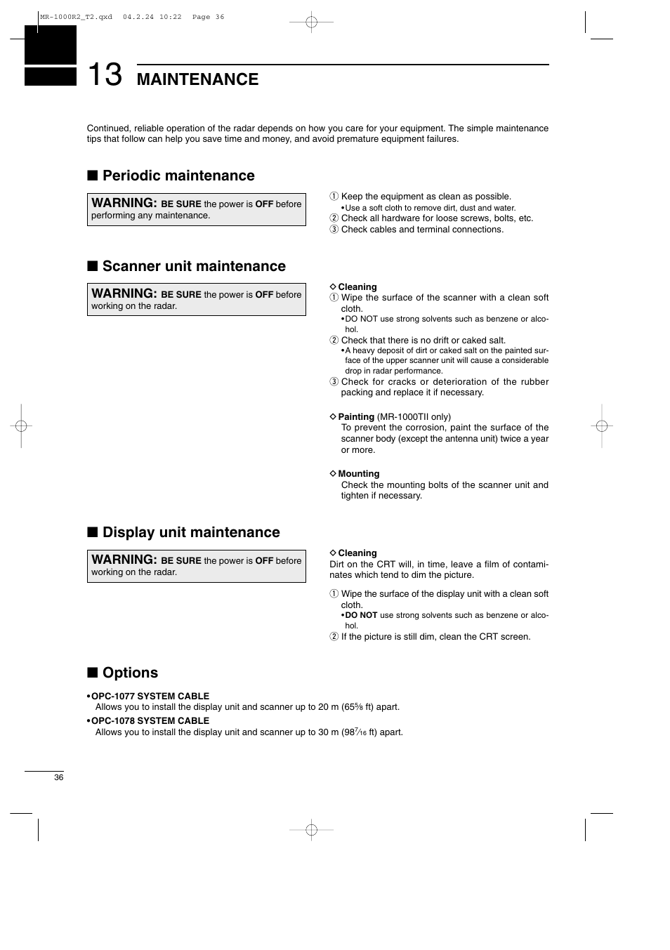 Maintenance, Periodic maintenance, Scanner unit maintenance | Display unit maintenance, Options, Warning | Icom MR-1000TTM User Manual | Page 40 / 47