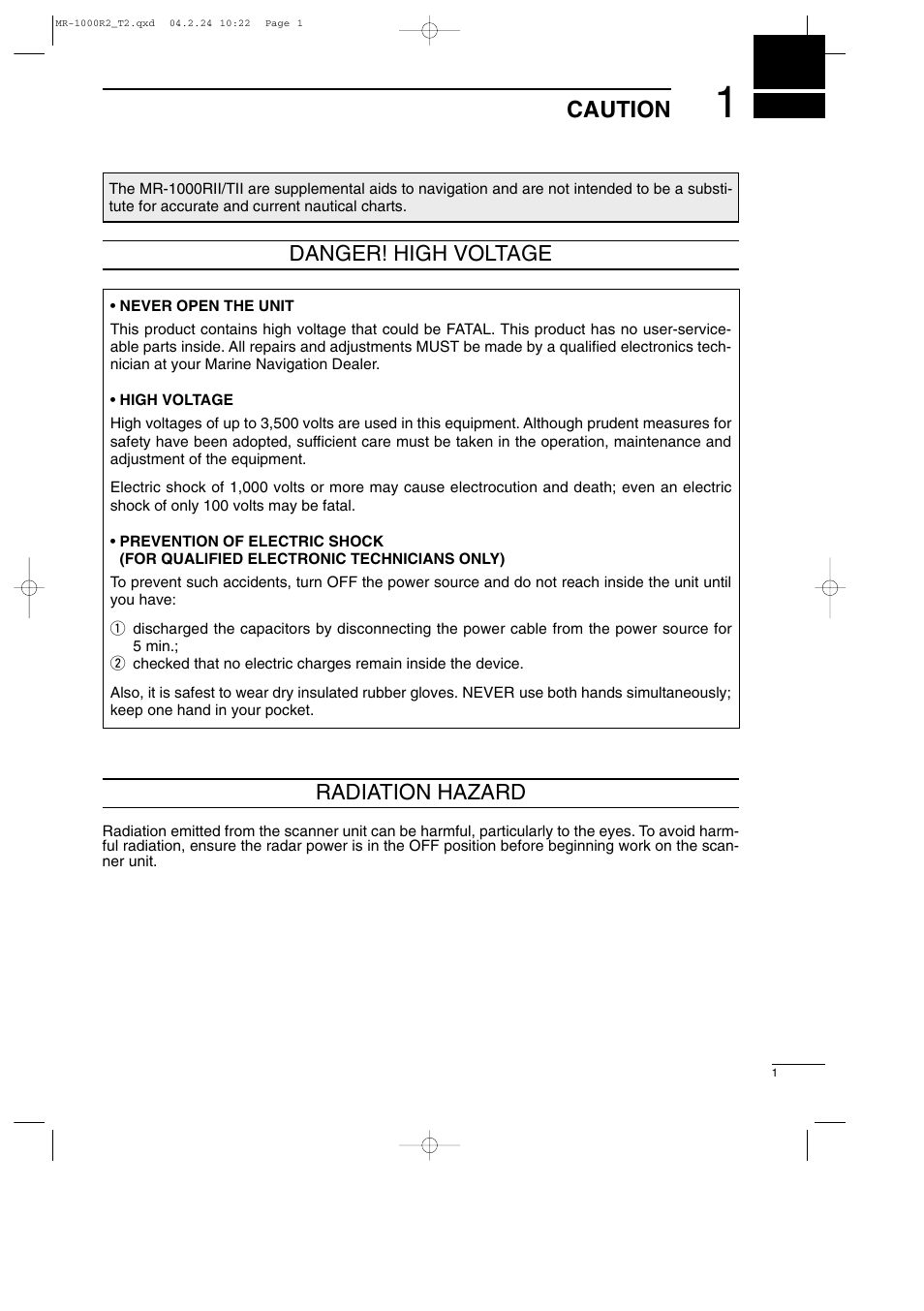 Caution, Danger! high voltage radiation hazard | Icom MR-1000TTM User Manual | Page 5 / 47