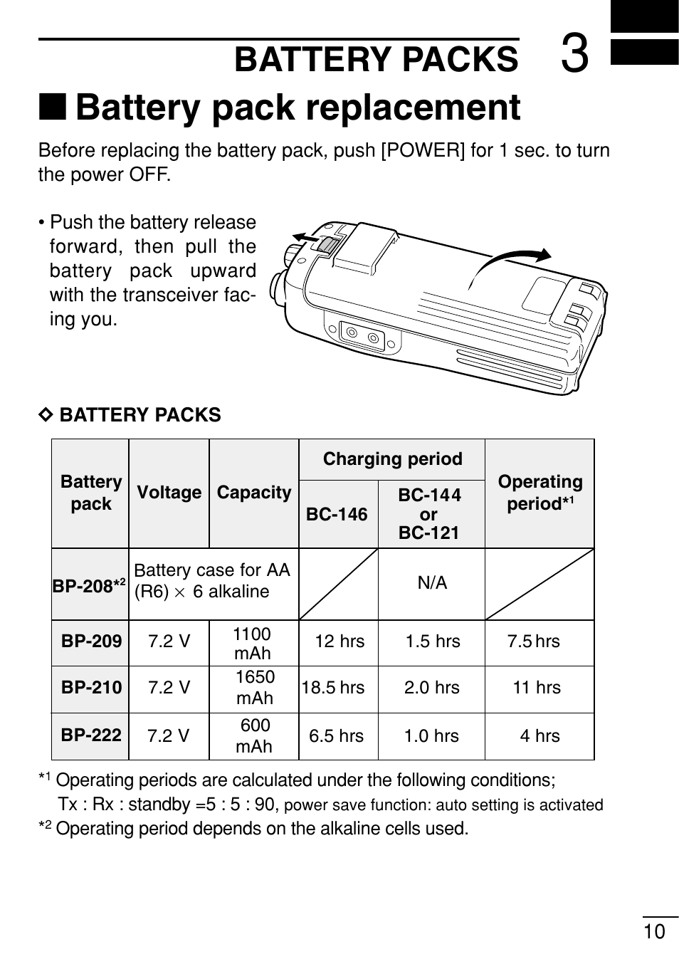 Battery pack replacement, Battery packs | Icom IC-V8 User Manual | Page 19 / 68